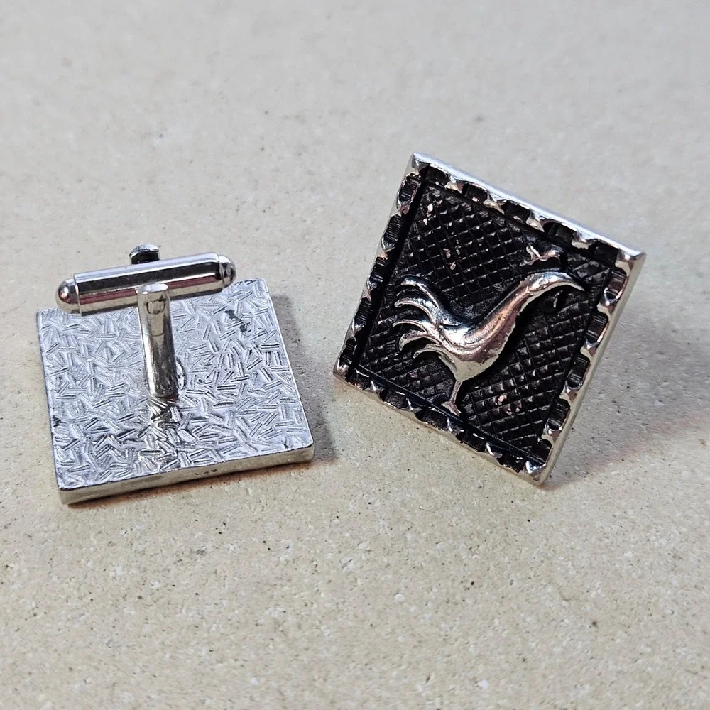 Vtg 60s 70s Large‎ Silver Tone Rooster Square Cufflinks Textured Modernist